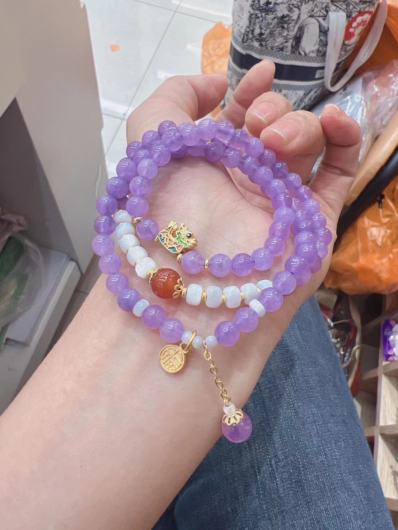 千辰饰品 手工串珠多层复古手链 国风龙福 紫玉水晶详情1