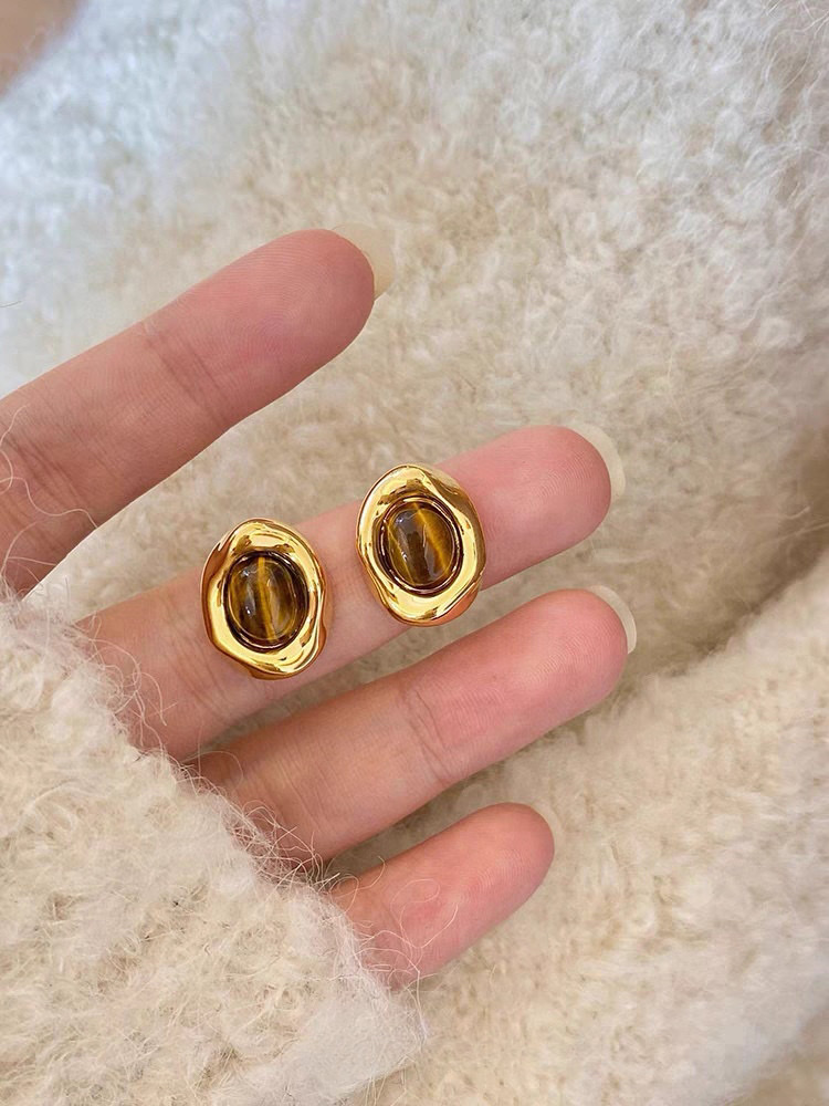 Natural Tiger Eye Stone Retro Earrings Niche Design Sense Of High-Grade Maillard Autumn And Winter Earrings Circle Face Earrings Women