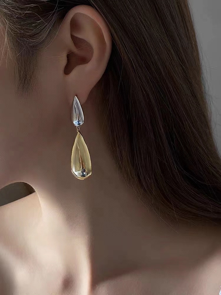 Design Sense Metal Drops Gold And Silver Contrast Color Asymmetrical Simplicity Ins Cold Wind Personality Temperament 925 Silver Needle Earrings