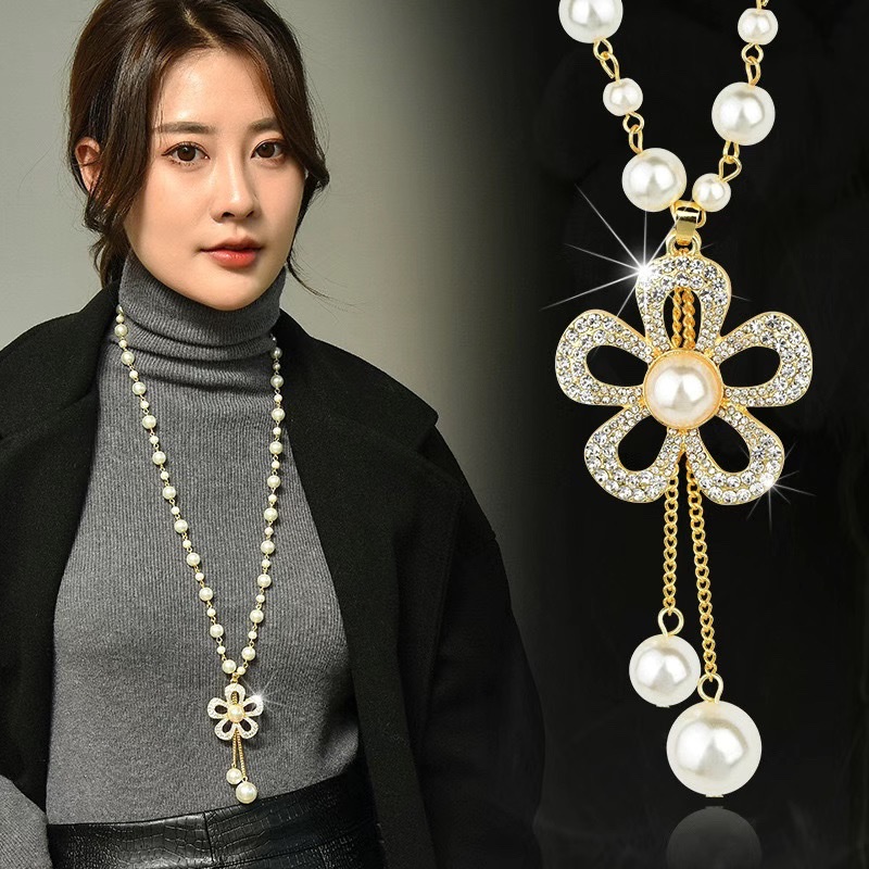 个性韩国珍珠项链女长款毛衣链气质新款潮装饰挂件水晶钻流苏挂链图