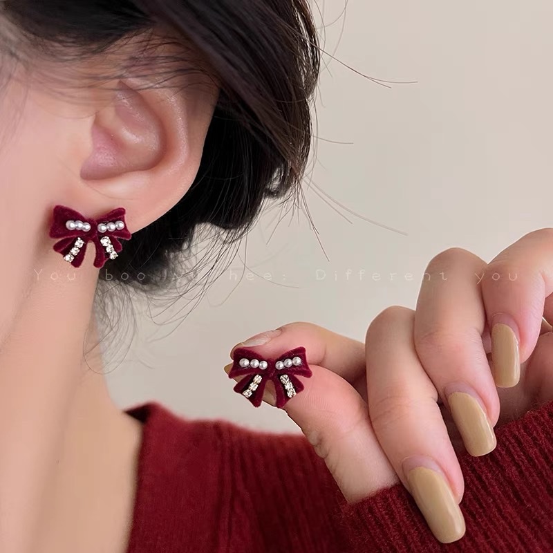 蝴蝶结丝绒锆石珍珠耳环女法式复古气质耳钉轻奢小众高级感耳饰品图