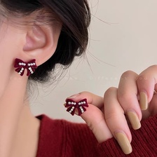 蝴蝶结丝绒锆石珍珠耳环女法式复古气质耳钉轻奢小众高级感耳饰品