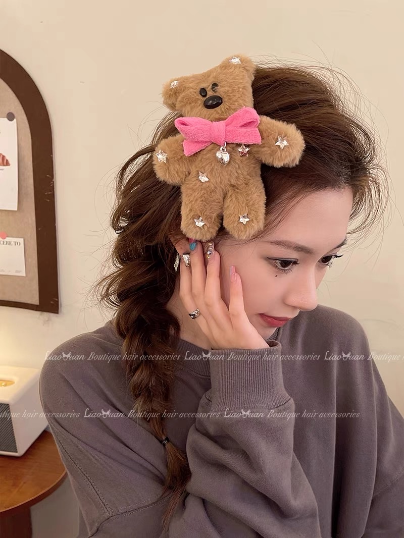 新款韩版有趣吱吱熊~大号毛绒发夹头饰2023新款可爱少女刘海发卡bb碎发卡