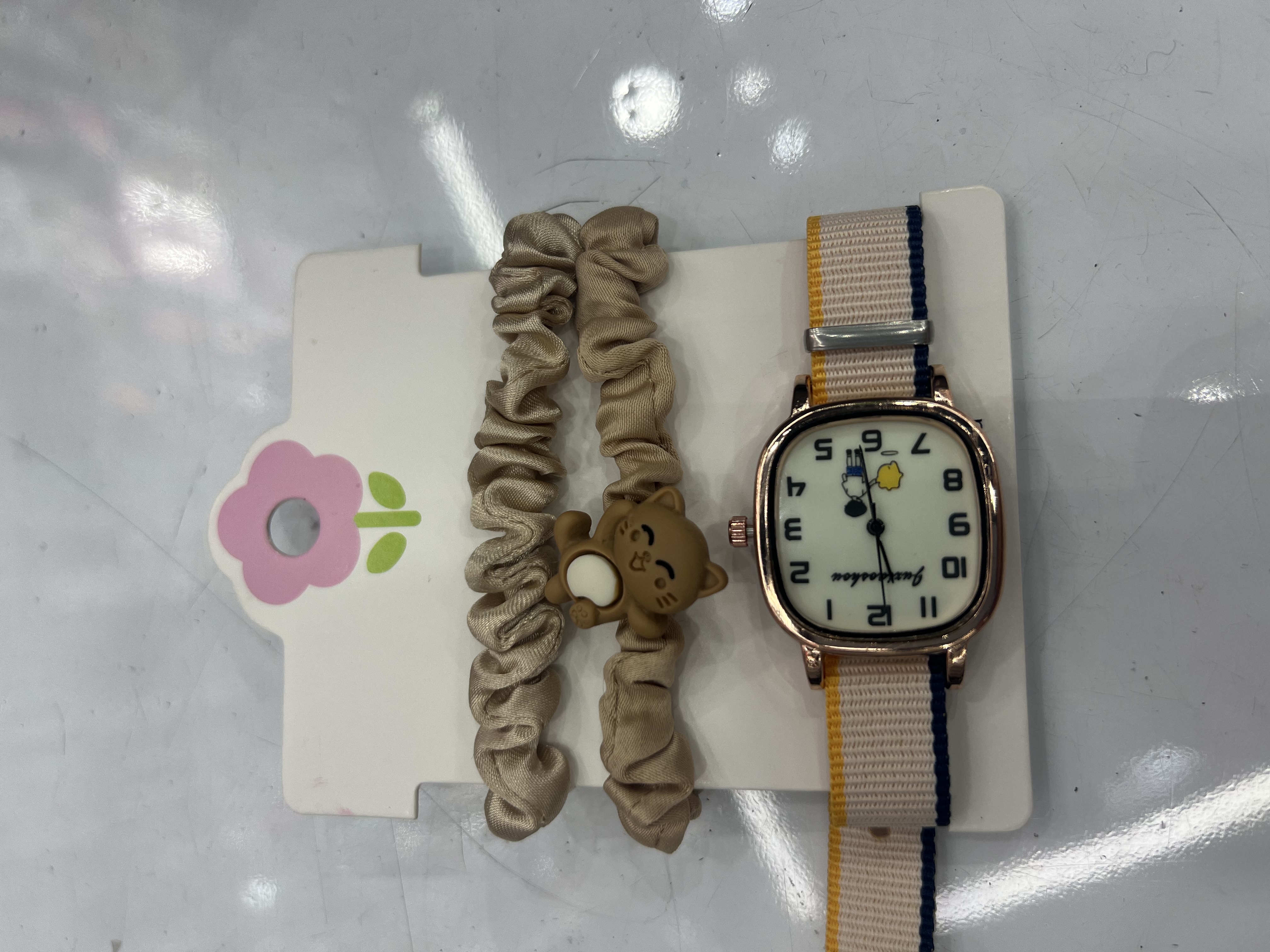 新款三件套手表布带手表加头饰配件，头绳可爱小熊弹力，手表字面带夜光详情图1