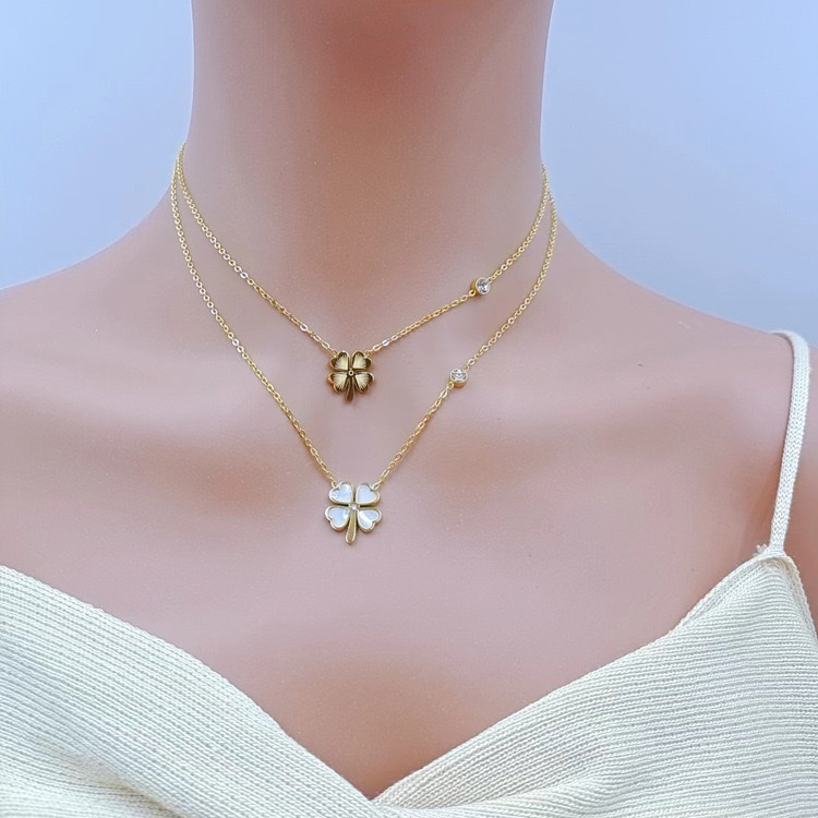 【 Simple double-layer layered necklace, titanium steel color-preserving white shell with diamonds, four-leaf clover star Moon butterfly sweater chain fashion accessory 】 details Picture