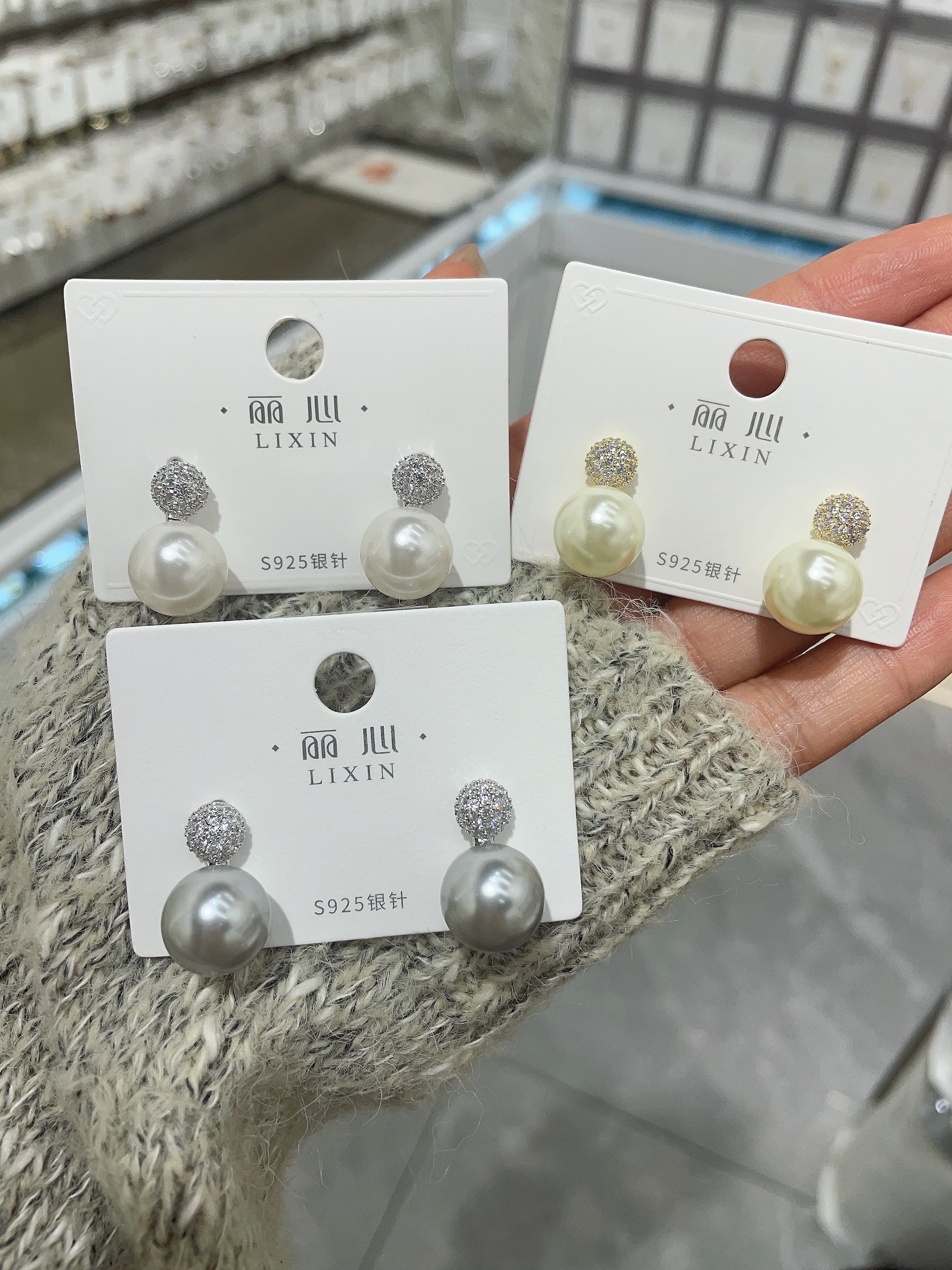 网红爆款复古合成珍珠锆石耳环真多麻灰珍珠耳饰颖美饰品
