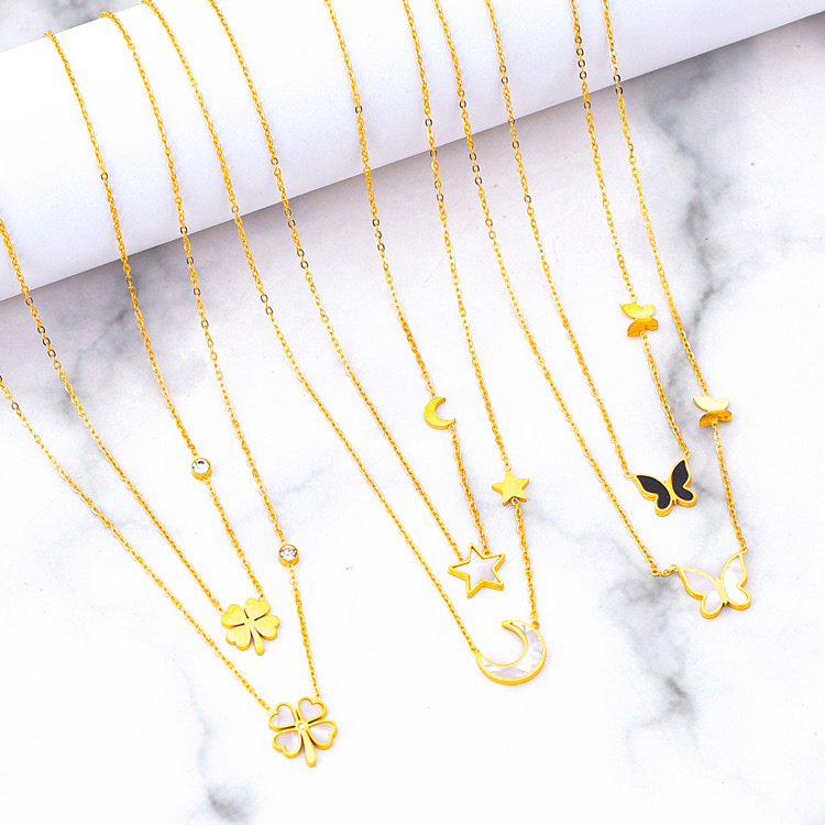 【 Simple double-layer layered necklace, titanium steel color-preserving white shell with diamonds, four-leaf clover star Moon butterfly sweater chain fashion accessory 】 Specification image