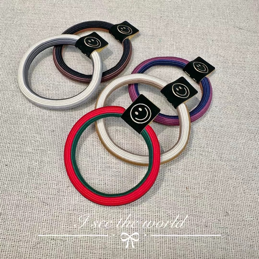 Korean new retro color leather label smiley face high elastic and stylish basic hair band leather band bun hair accessory 🔥
