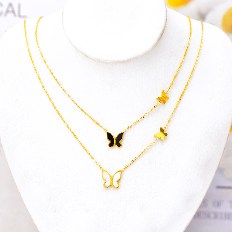 【 Simple double-layer layered necklace, titanium steel color-preserving white shell with diamonds, four-leaf clover star Moon butterfly sweater chain fashion accessory 】 Item Picture