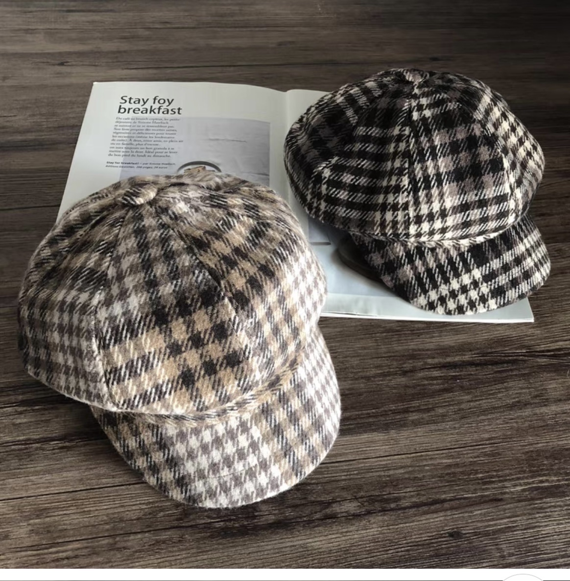 Japanese tartan duck tongue octagon hat children autumn winter British retro berets with Korean version of the newspaper boy hat trend thumbnail