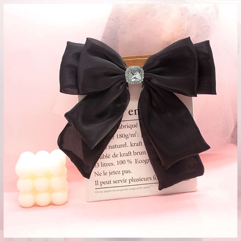 Mesh bow brooch, Chanel-style French retro diagonal bow tie, women's double-layer black versatile clothing accessory details Picture