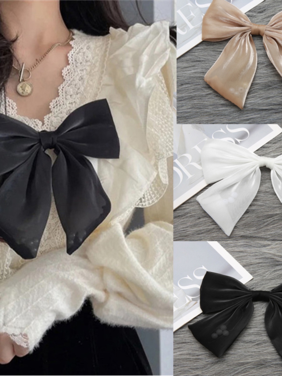 Black organza collar flower mesh bow brooch, women's white dress pin accessory, chest decoration