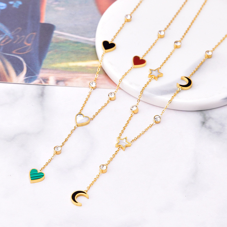 钛钢不锈钢爱心月亮五角星带钻项链 