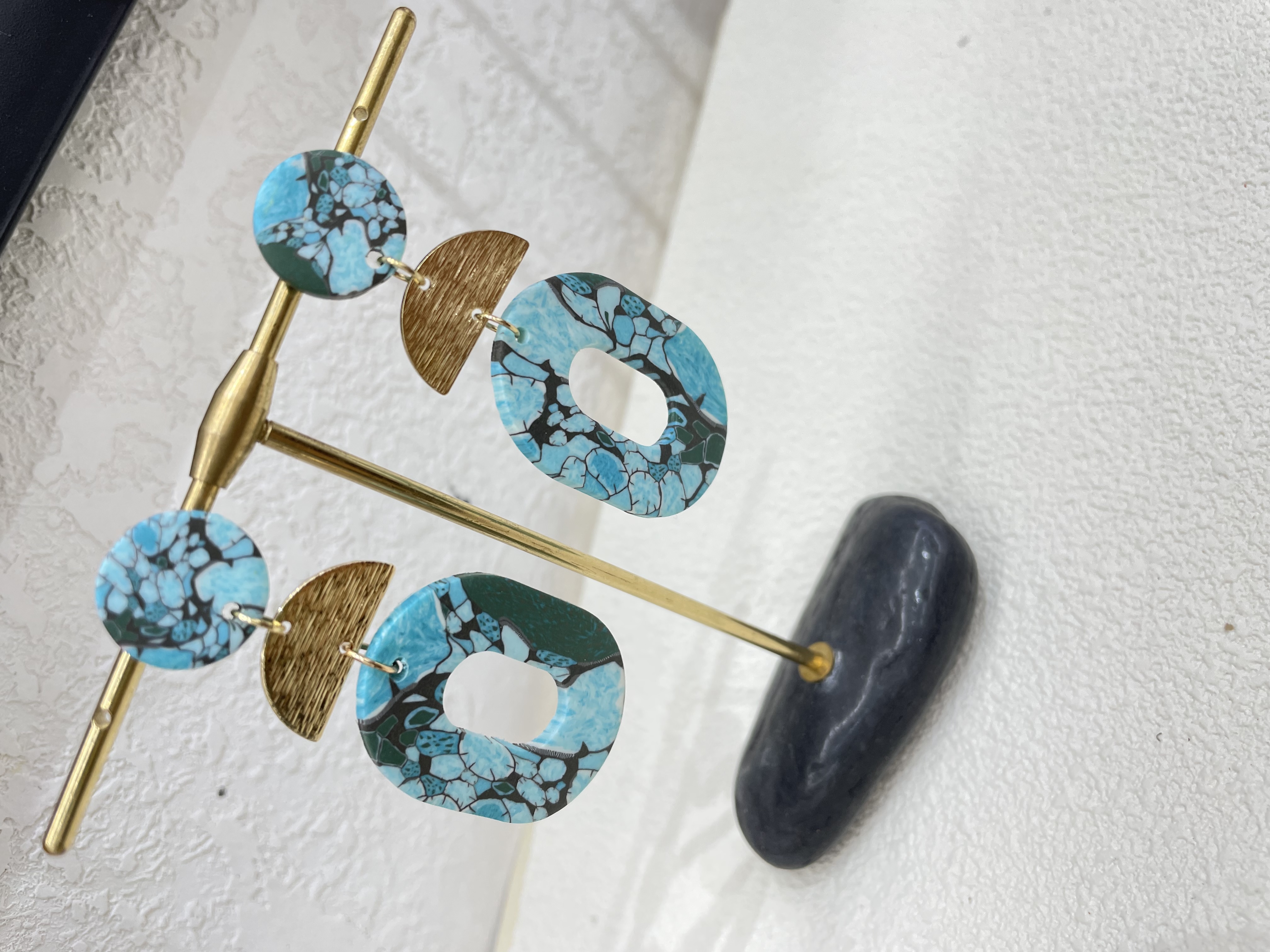 Cross-border bestseller creative turquoise handcrafted soft clay earrings, geometric metal spliced earrings, niche high-end earrings