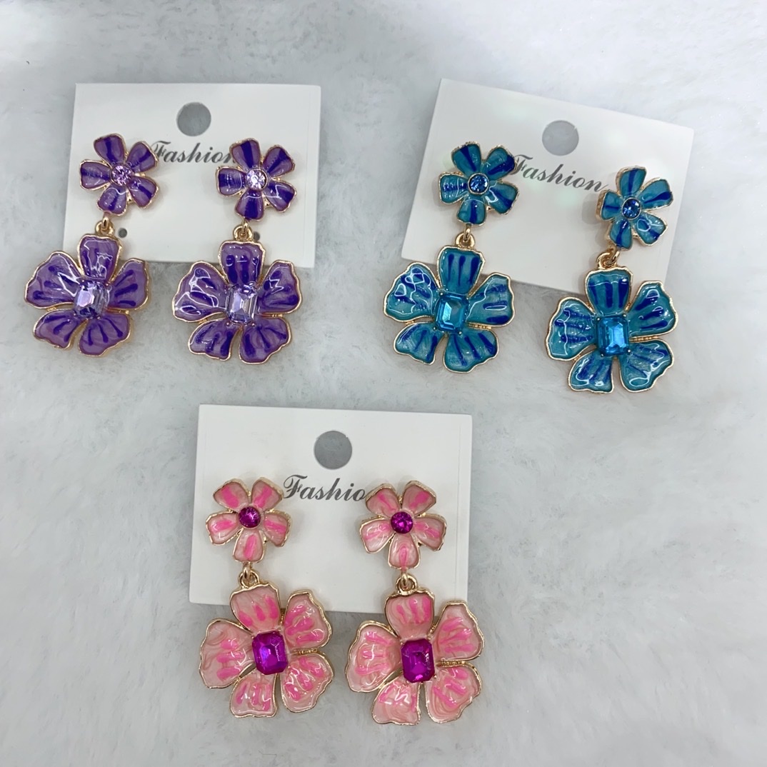 Fresh and delicate double flower earrings, oil painting, niche design, high-end diamond-encrusted earrings, Nan Nan Accessories -023