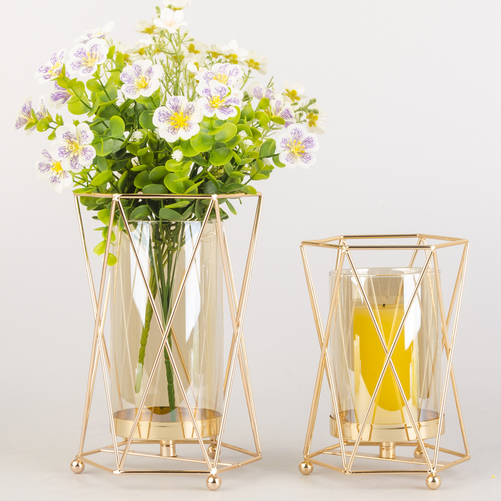 Nordic Candlestick Creative Electroplating Golden Flower Stand Wedding Geometric Iron Ornaments Simulation Flower Stand Manufacturers In Stock