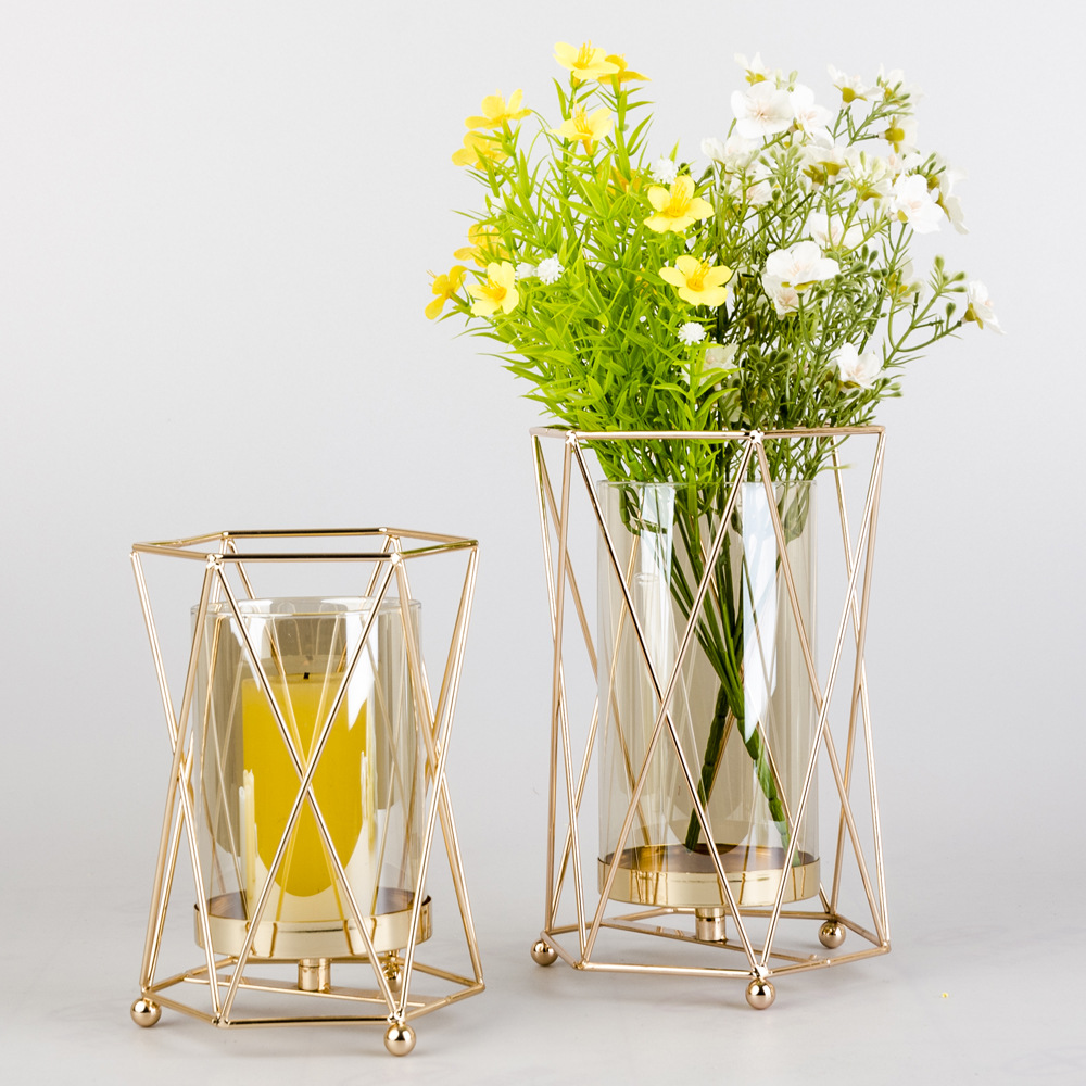Nordic Candlestick Creative Electroplating Golden Flower Stand Wedding Geometric Iron Ornaments Simulation Flower Stand Manufacturers In Stock details Picture