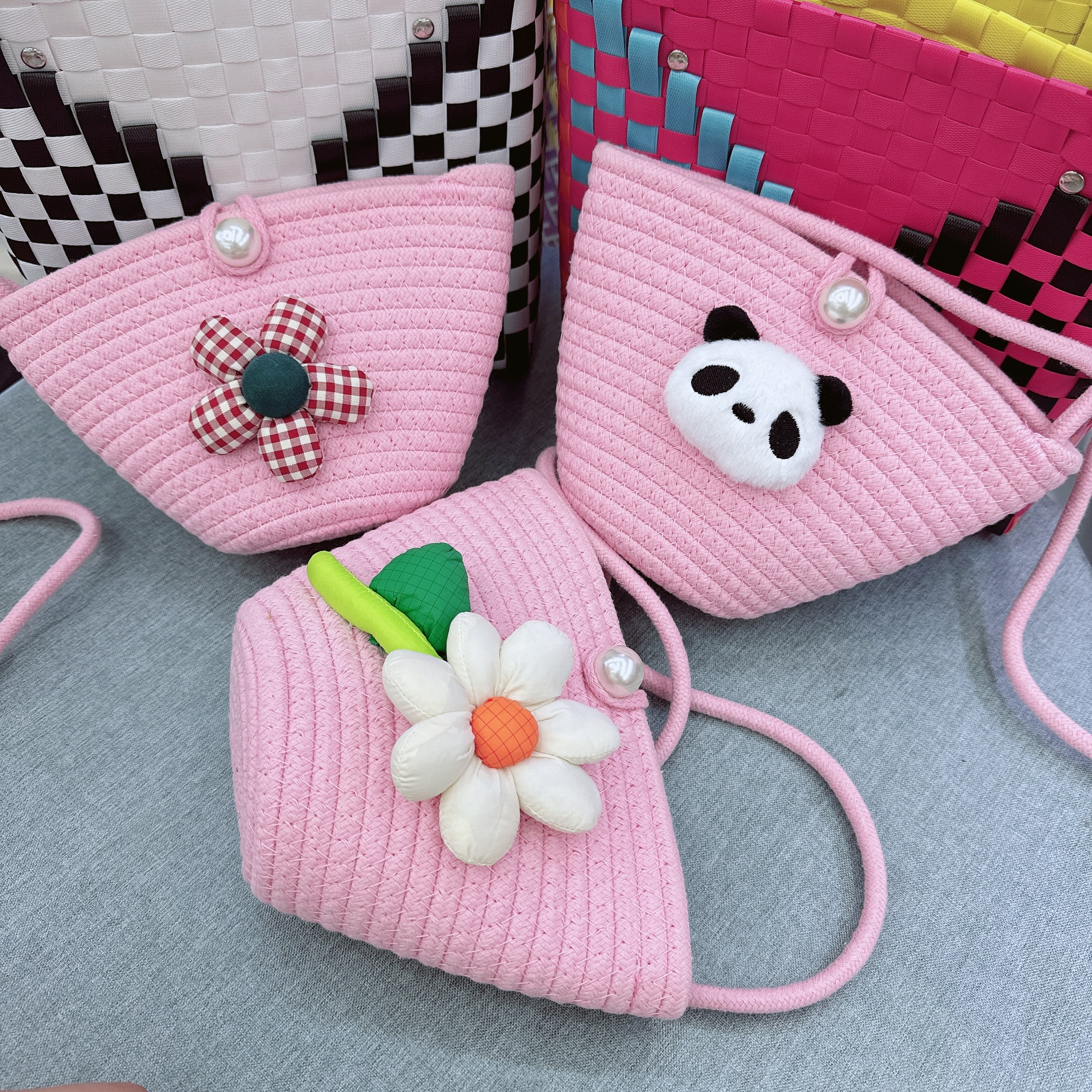 新款棉线手工编织包珍珠扣饺子包斜挎钥匙包零钱包儿童包手机包
