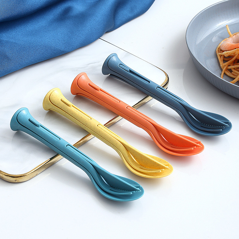 Wheat Straw Environmental Protection Material Three-In-One Portable Knife, Fork And Spoon Set Household Goods Plastic Spoon And Fork Integrated Design Wheat Color Western Food Tableware Set Light And Practical details Picture