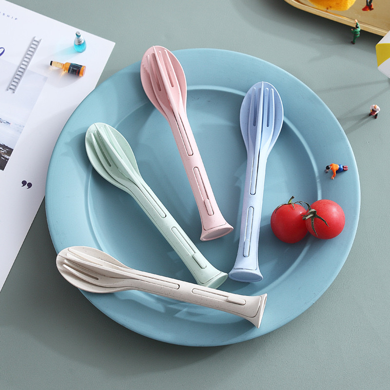 Wheat Straw Environmental Protection Material Three-In-One Portable Knife, Fork And Spoon Set Household Goods Plastic Spoon And Fork Integrated Design Wheat Color Western Food Tableware Set Light And Practical Item Picture