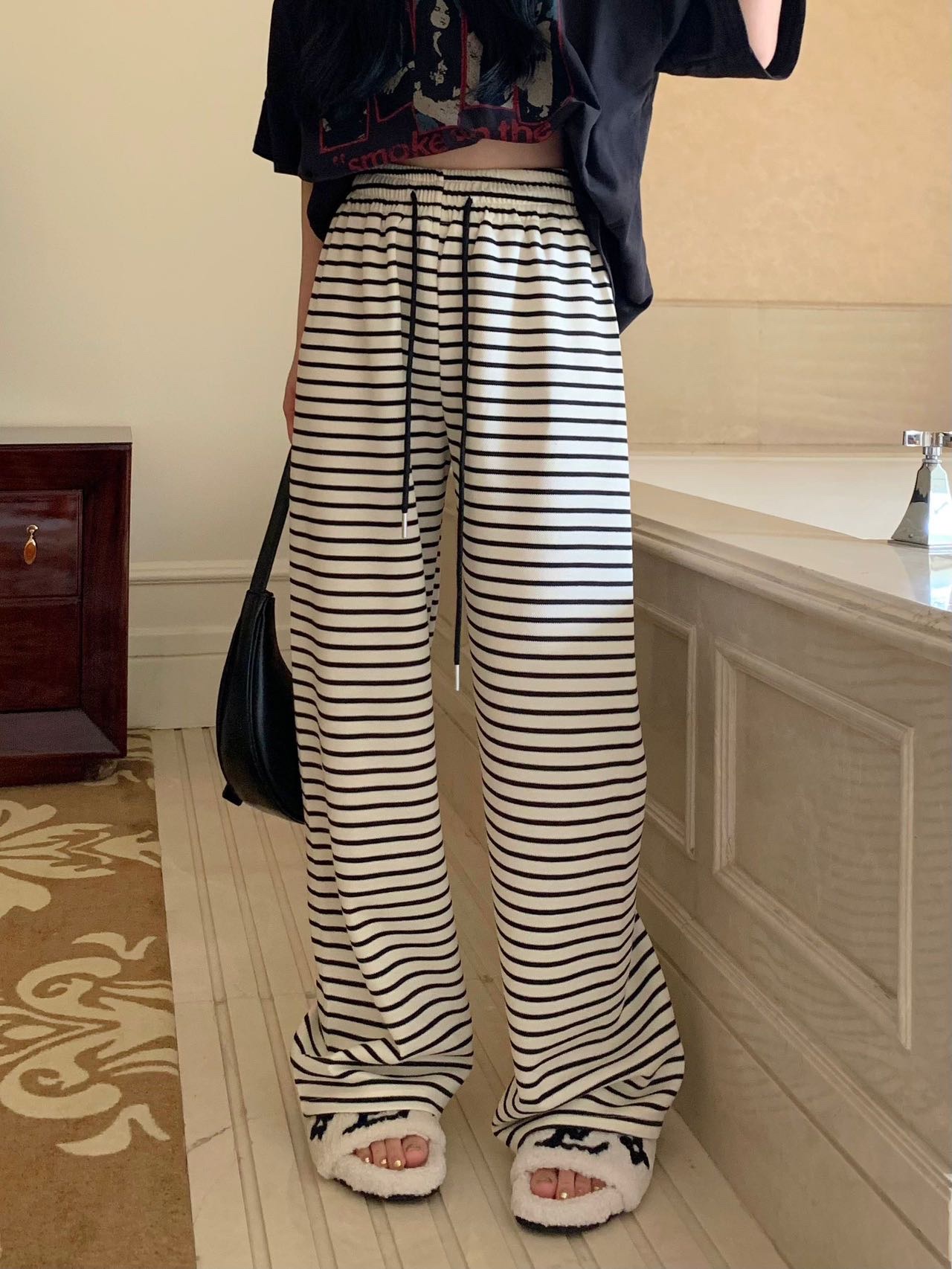 New loose and casual women's pants, summer sportswear for women, wide-leg pants, light, breathable, fashionable and comfortable, casual style, three-dimensional waist, Hong Kong-style horizontal wide-leg pants Specification image