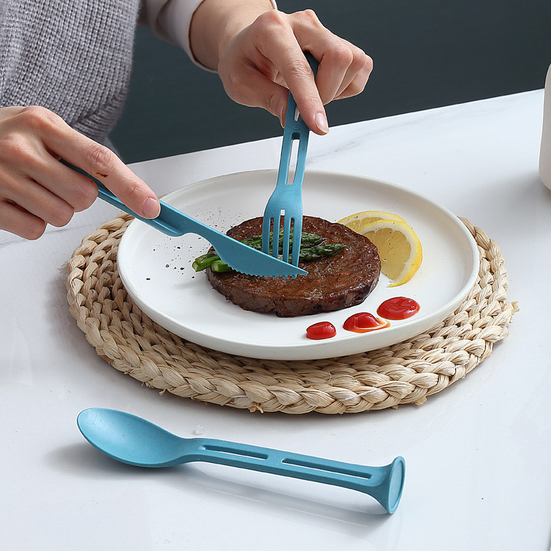 Wheat Straw Environmental Protection Material Three-In-One Portable Knife, Fork And Spoon Set Household Goods Plastic Spoon And Fork Integrated Design Wheat Color Western Food Tableware Set Light And Practical Specification drawing