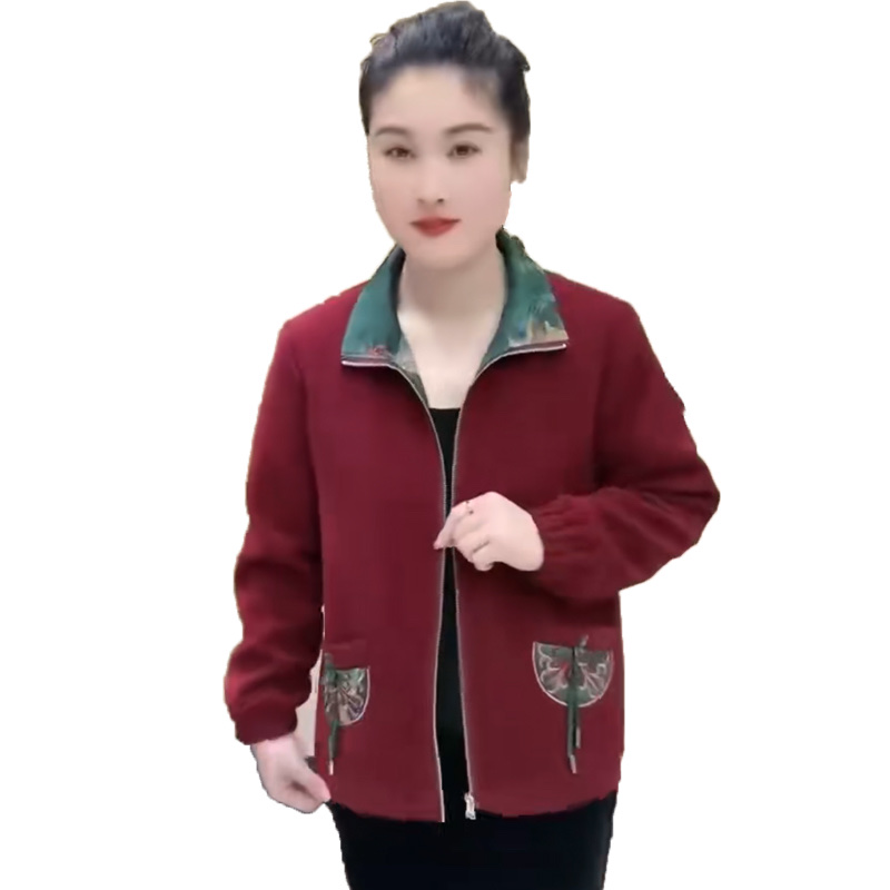 New arrivals for middle-aged and elderly women's clothing in Spring and autumn 2024: Red long-sleeved top with Chinese style elements, a trendy and simple yet fashionable spring and autumn wear