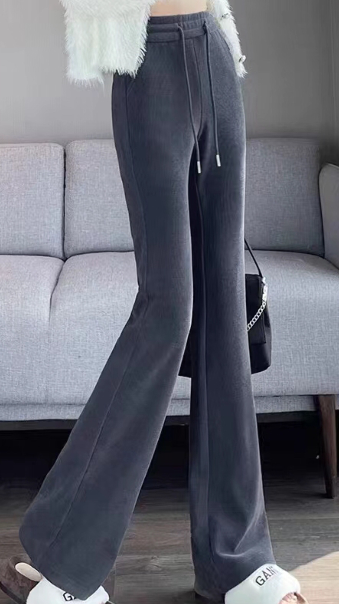 New arrivals for Spring and Autumn 2024: Black and gray women's trousers, slightly flared and slimming, a fashionable and trendy style details Picture
