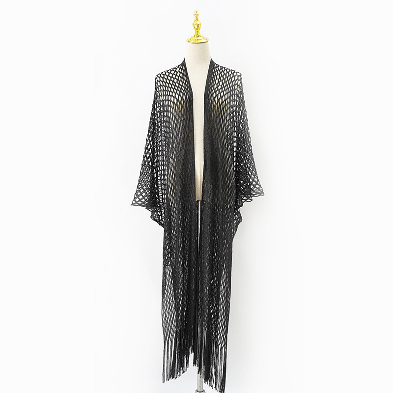 Cross Border Pop Filigree Polyester Extended Knit Shawl Belt Thin Sun Protection Shawl Tassel Beach Shawl Specification drawing