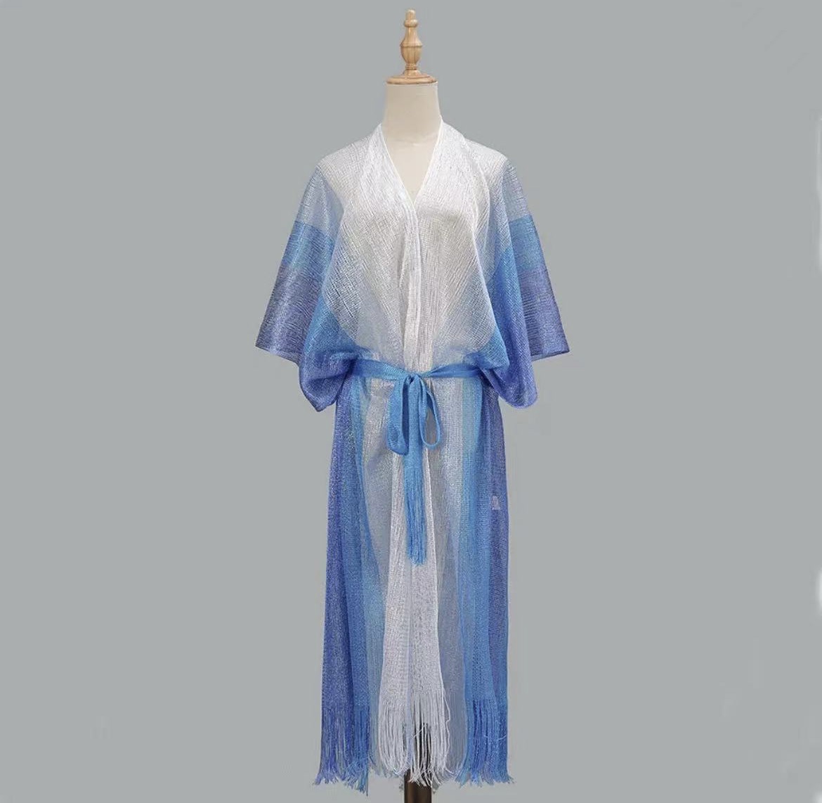 Cross Border Pop Filigree Striped Polyester Knitted Shawl Belt Thin Sunblock Shawl Tassel Beach Shawl Specification drawing