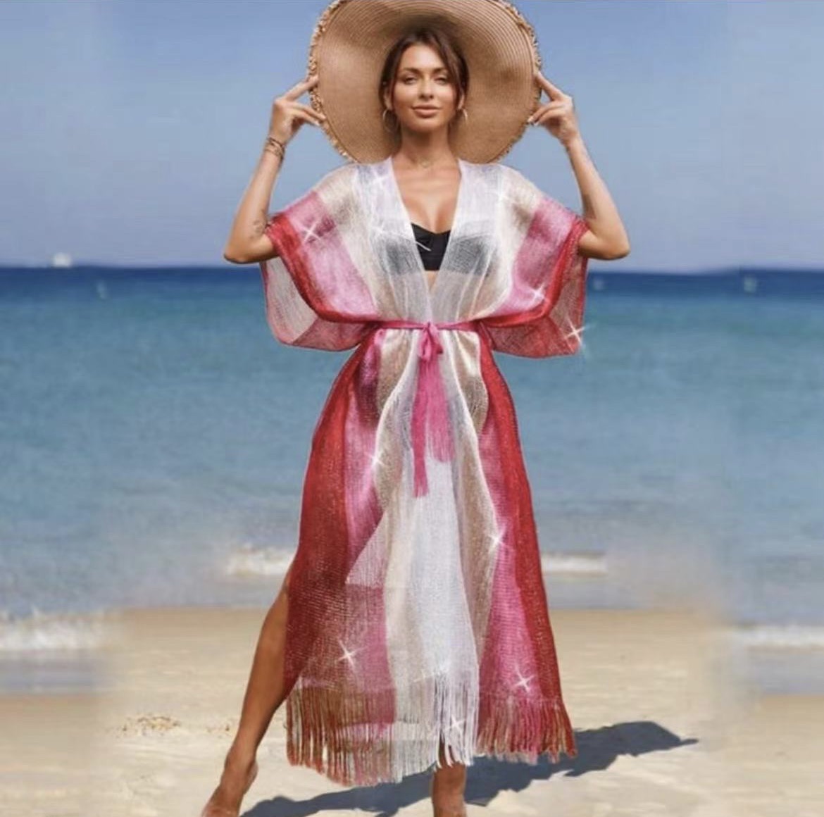 Cross Border Pop Filigree Striped Polyester Knitted Shawl Belt Thin Sunblock Shawl Tassel Beach Shawl
