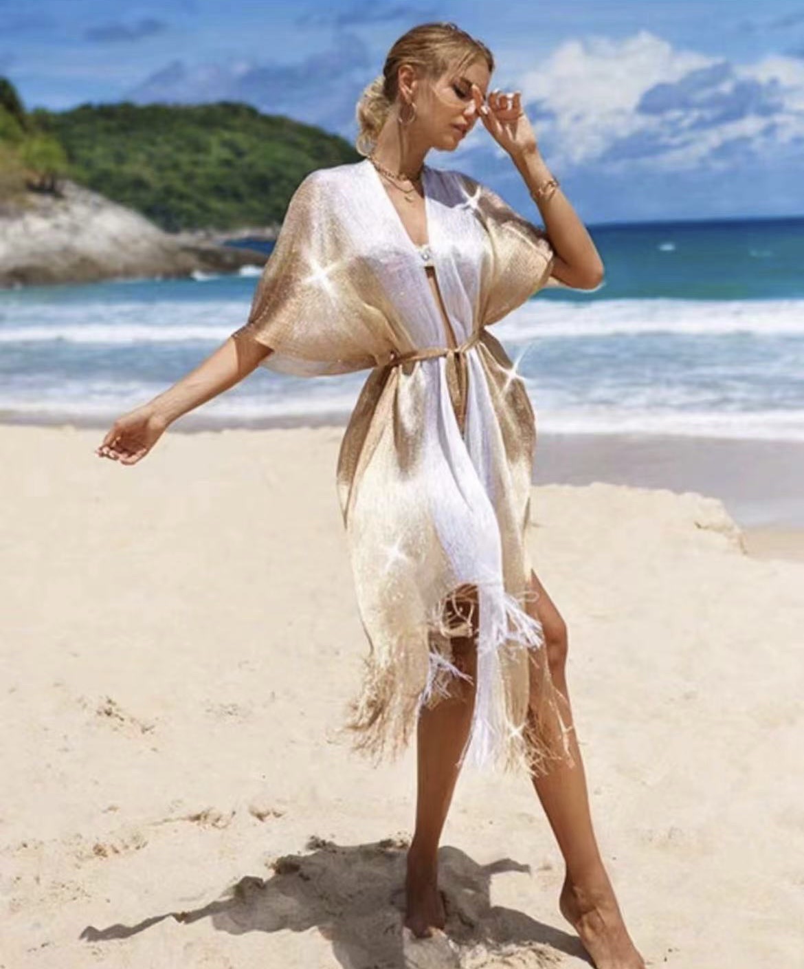 Cross Border Pop Filigree Striped Polyester Knitted Shawl Belt Thin Sunblock Shawl Tassel Beach Shawl details Picture