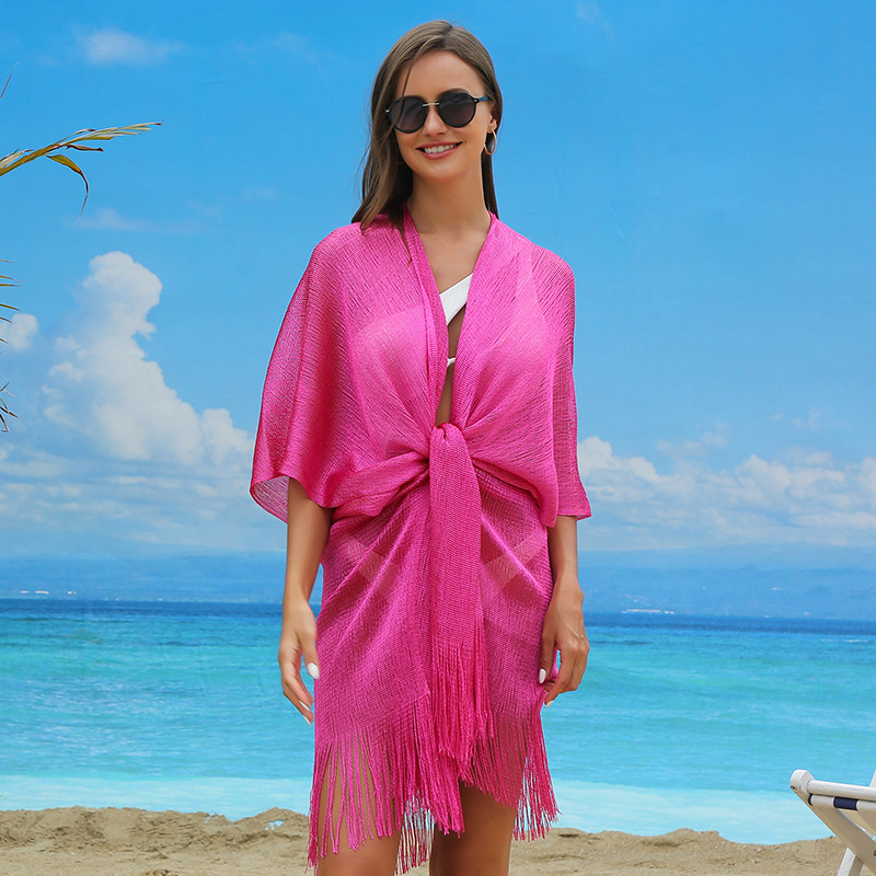 Cross Border Pop Filigree Polyester Flat Cloth Knitted Shawl Belt Thin Sun Protection Shawl Fringe Beach Coat Item Picture
