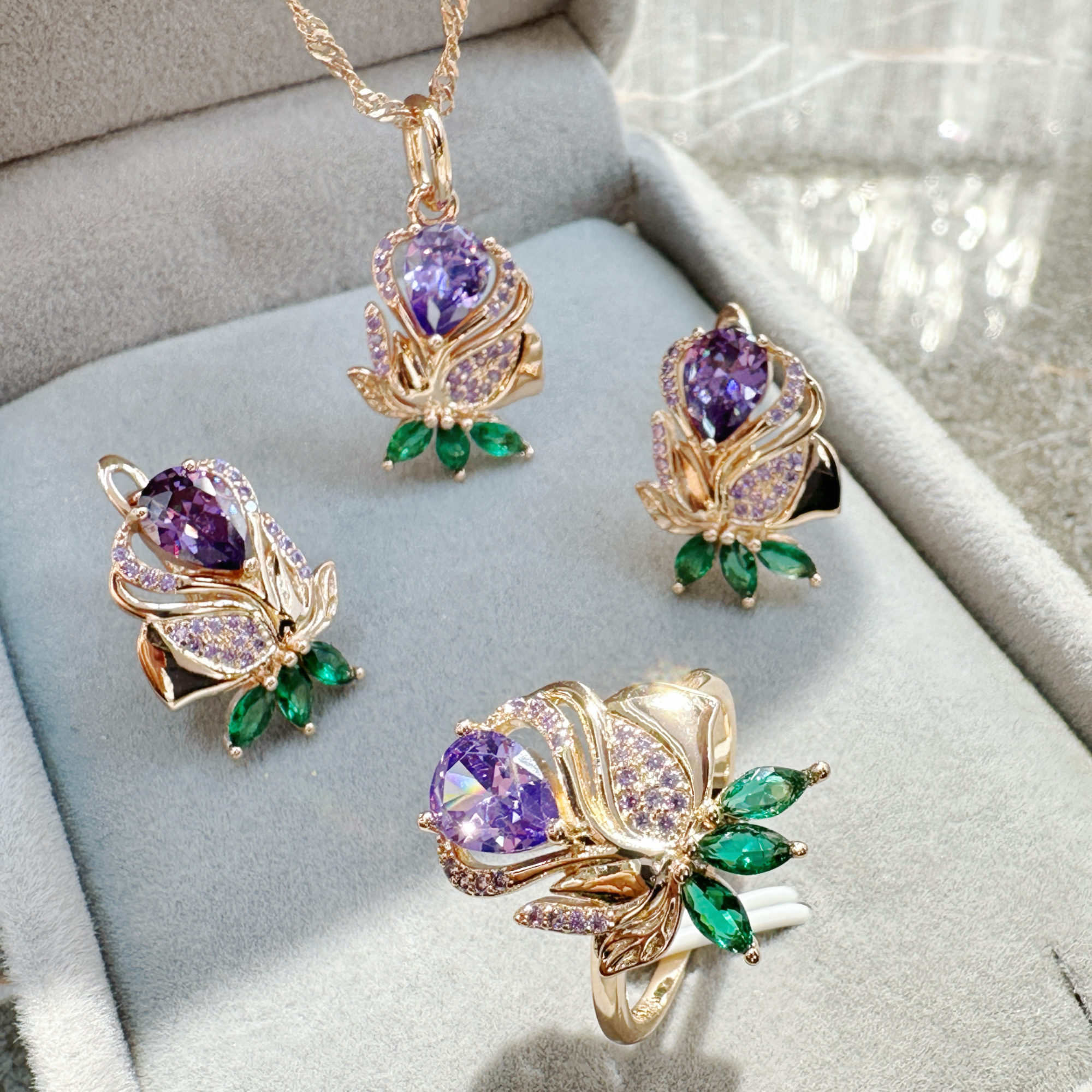 Gulkina rose gold jewelry set, color-retaining ring, earrings, necklace, three-piece set, cross-border e-commerce AliExpress, Amazon direct supply source, Russian trade jewelry wholesale, sample customization