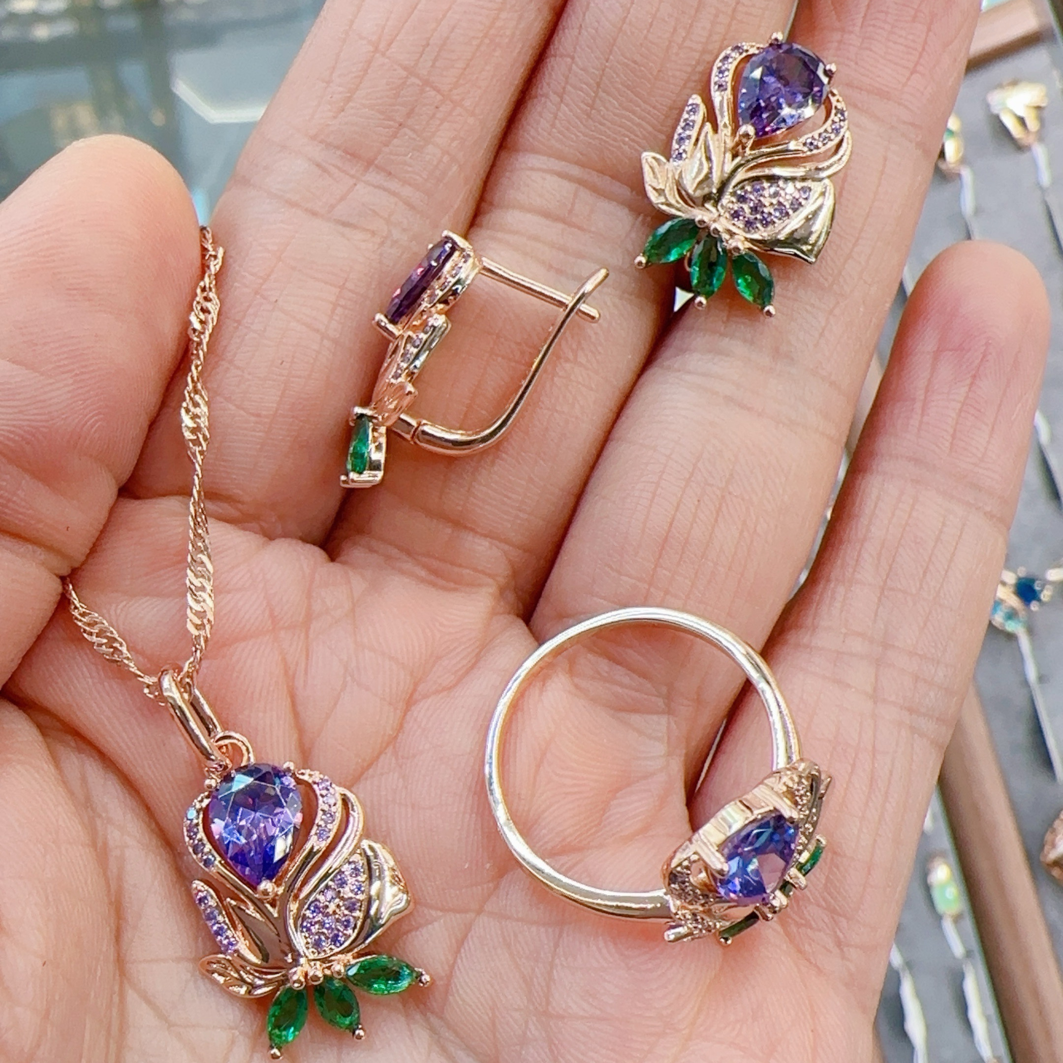 Gulkina rose gold jewelry set, color-retaining ring, earrings, necklace, three-piece set, cross-border e-commerce AliExpress, Amazon direct supply source, Russian trade jewelry wholesale, sample customization Specification image