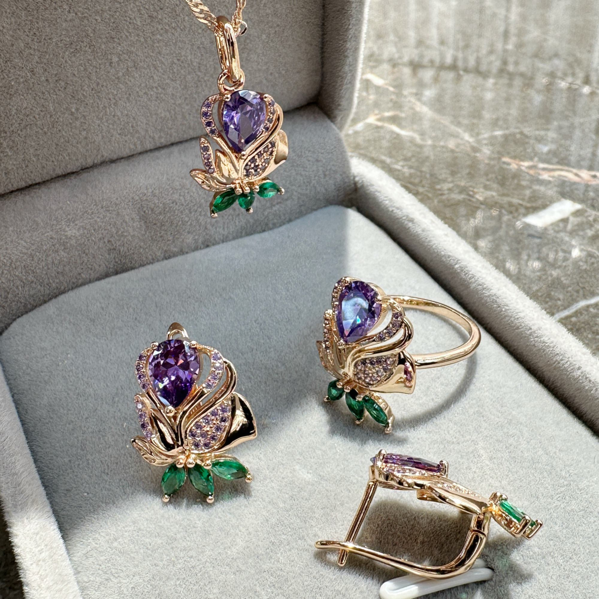 Gulkina rose gold jewelry set, color-retaining ring, earrings, necklace, three-piece set, cross-border e-commerce AliExpress, Amazon direct supply source, Russian trade jewelry wholesale, sample customization details Picture