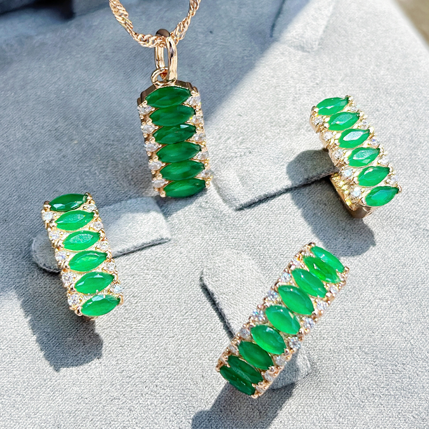 Gulkina585 True Gold color-preserving Jewelry Set, Jade Color earrings, Rings, necklaces, wish AliExpress foreign trade supply, Douyin and Kuaishou live-streamer accessories wholesale detail image 1