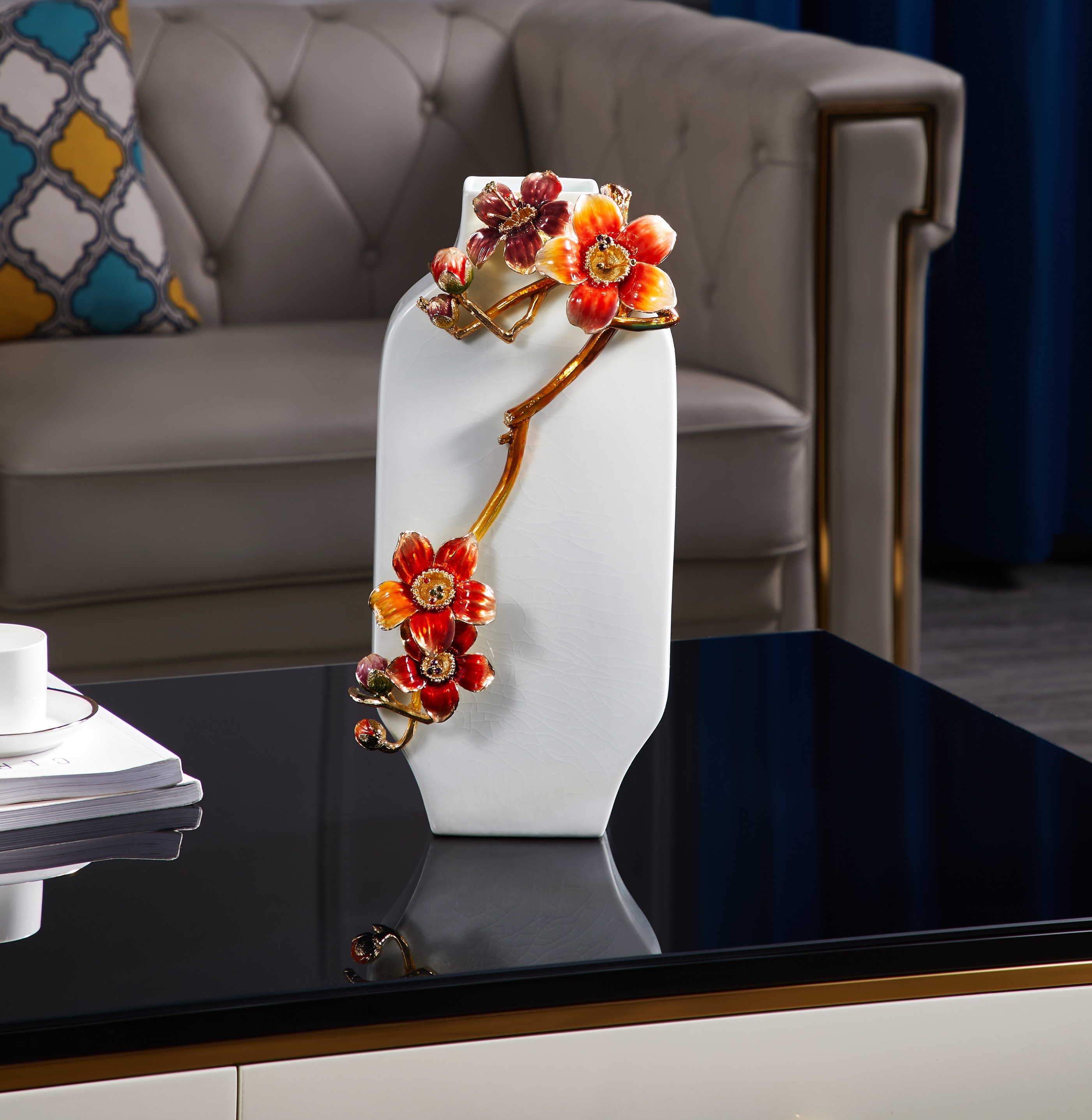 珐琅彩琉璃花瓶玄关桌面床头插花台式摆件美式复古风格客厅餐桌摆件M823