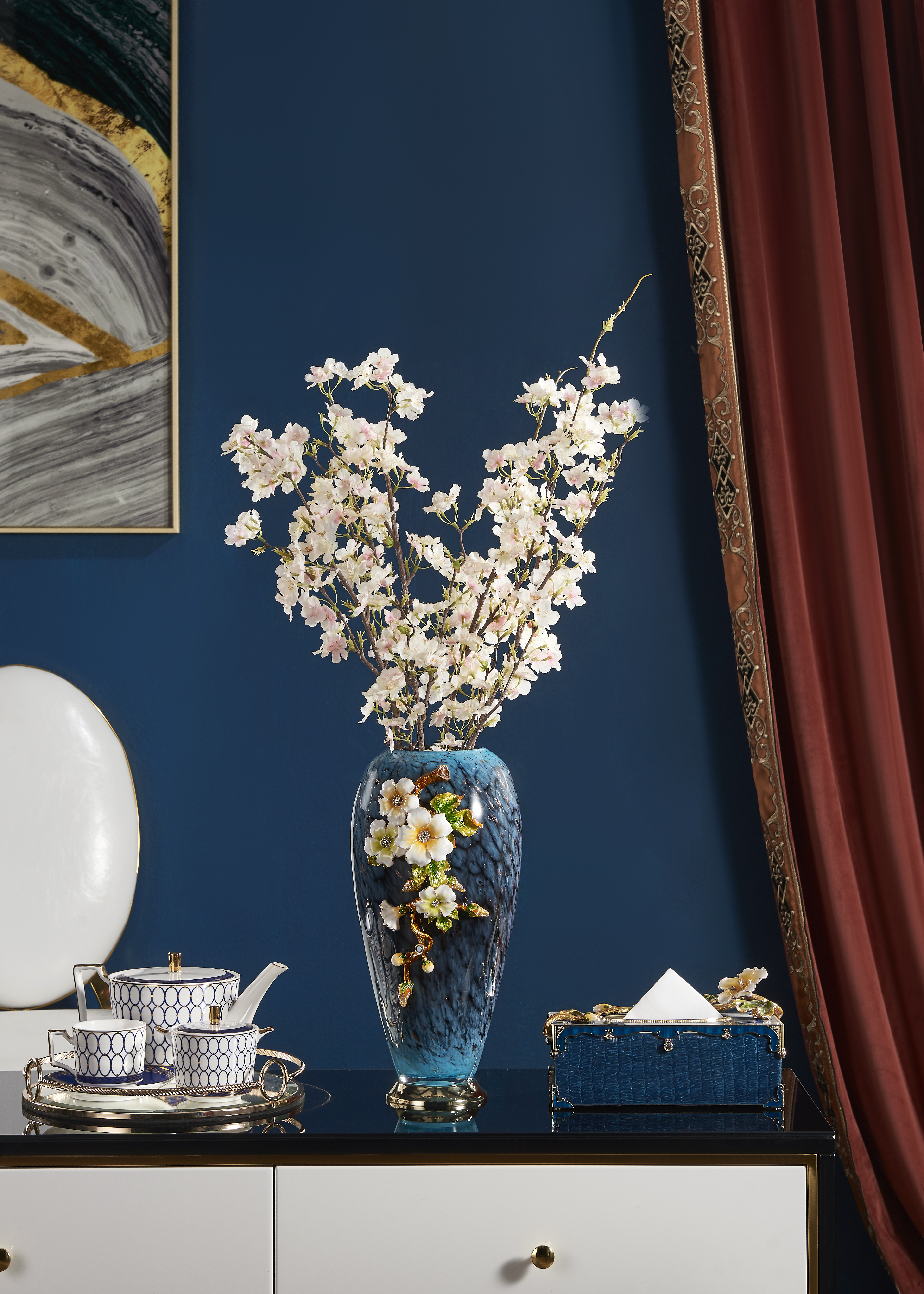 珐琅彩琉璃花瓶玄关桌面床头插花台式摆件美式复古风格客厅餐桌G-106