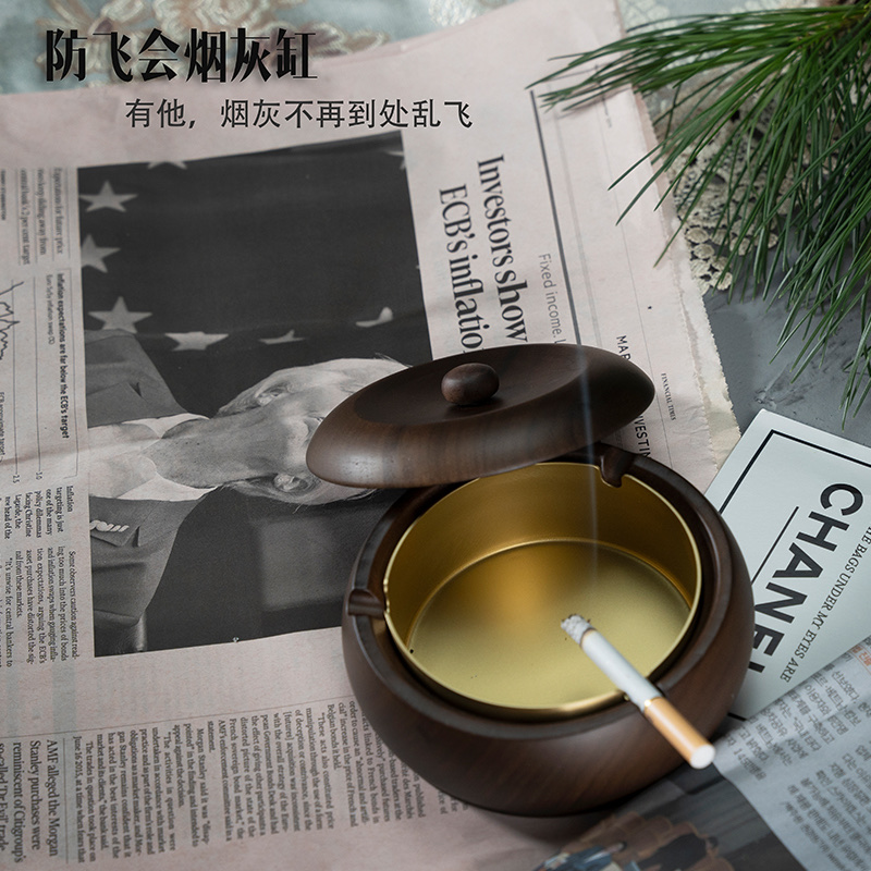 黑胡桃木轻奢烟灰缸高级感铜创意个性家用客厅高档灰缸办公室摆件详情图2