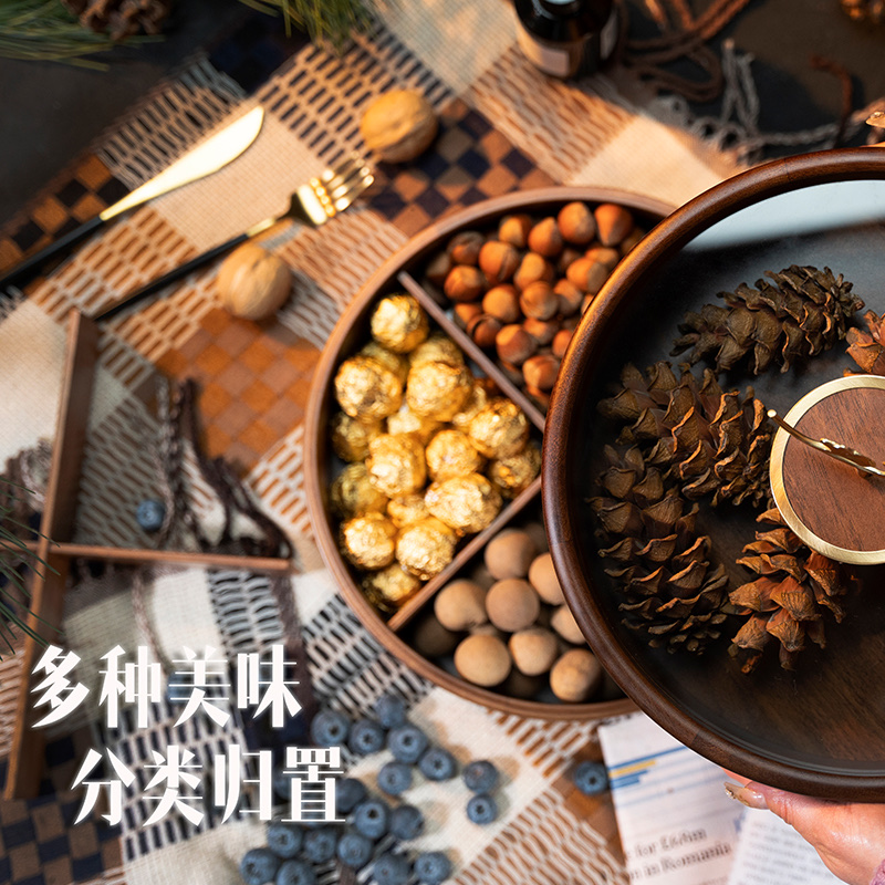 新款实木干果盒干果盘零食糖果收纳盒家用客厅茶几坚果盒果盘花提手双层果盒产品图