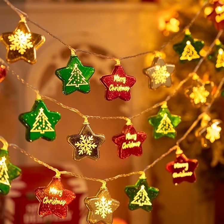 跨境LED灯串圣诞树装饰灯电镀圣诞球五角星天罗球氛围小彩灯挂件
