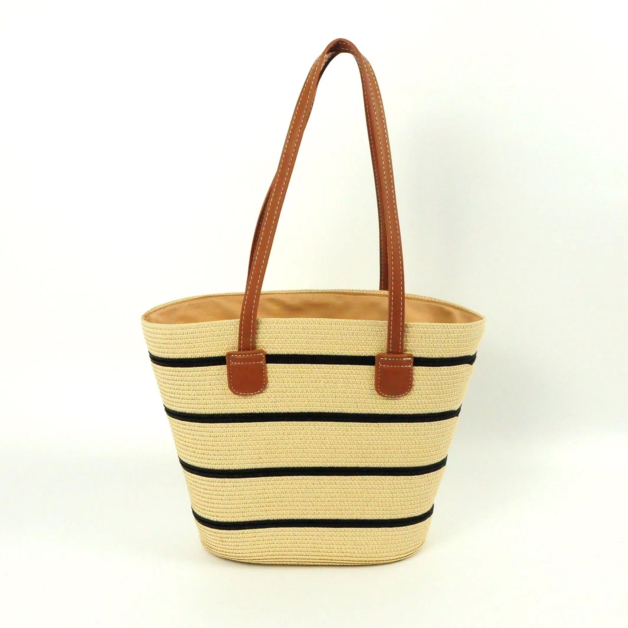 Summer new straw weaving bags, large-capacity tote bags, women's beach bags, leather shoulder straps, striped woven bags, fashionable single-shoulder bags, straw weaving bags, woven bags, women's straw weaving, artistic women's bags, women's straw weaving, popular detail image 3