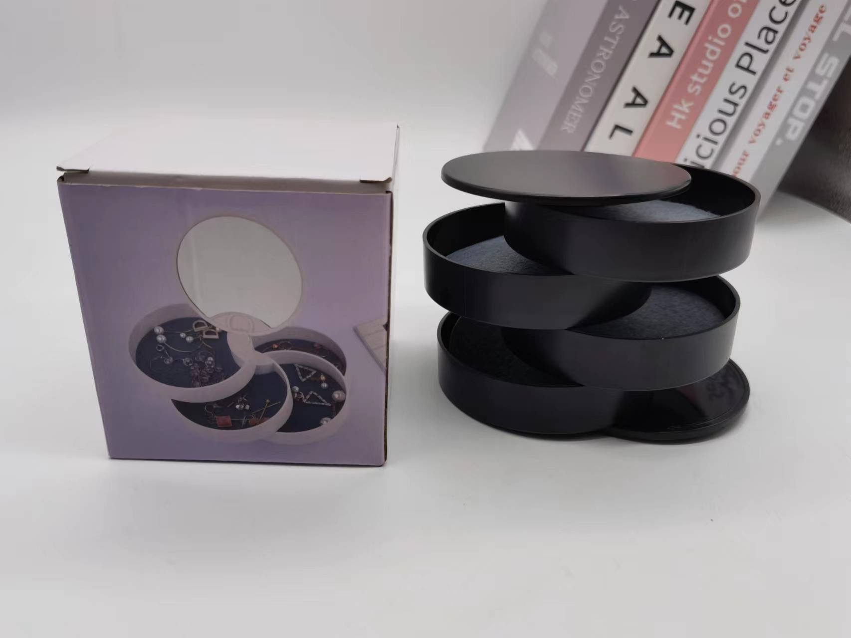 北欧风珠宝盒镜面旋转首饰盒四层立体桌面耳钉项链小饰绒布收纳盒