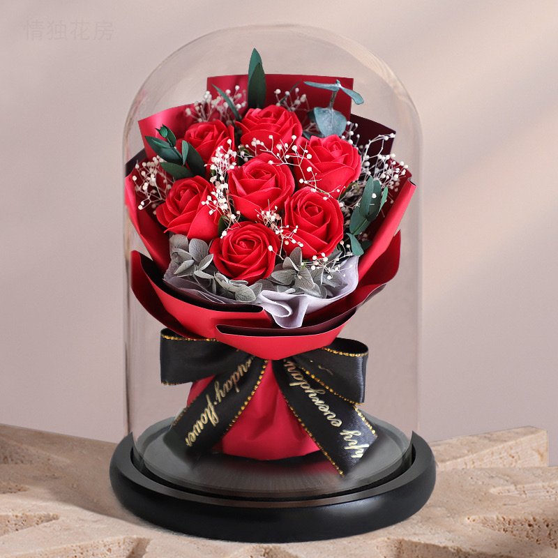 Thumb rose bouquet with glass cover as a gift for your lover and mom details Picture