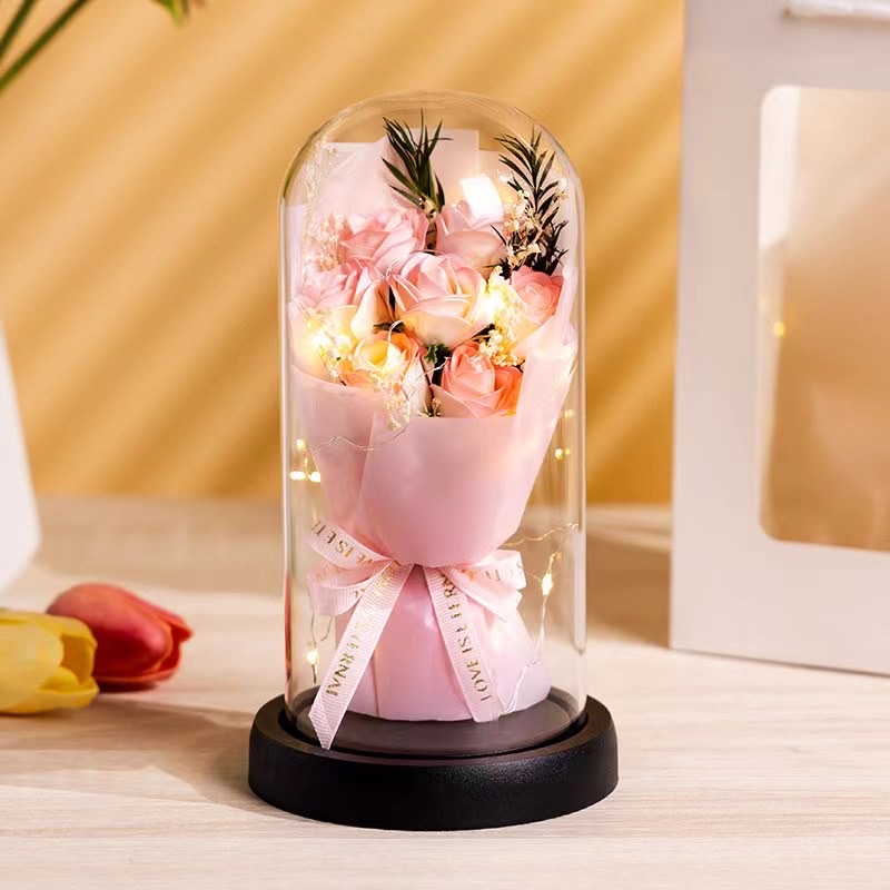 拇指玫瑰花束玻璃罩 情人节 教师节 母亲节礼物