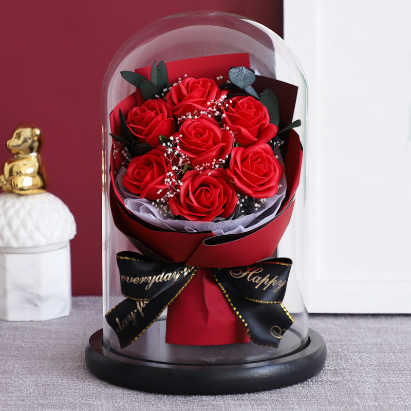 Thumb rose bouquet with glass cover as a gift for your lover and mom