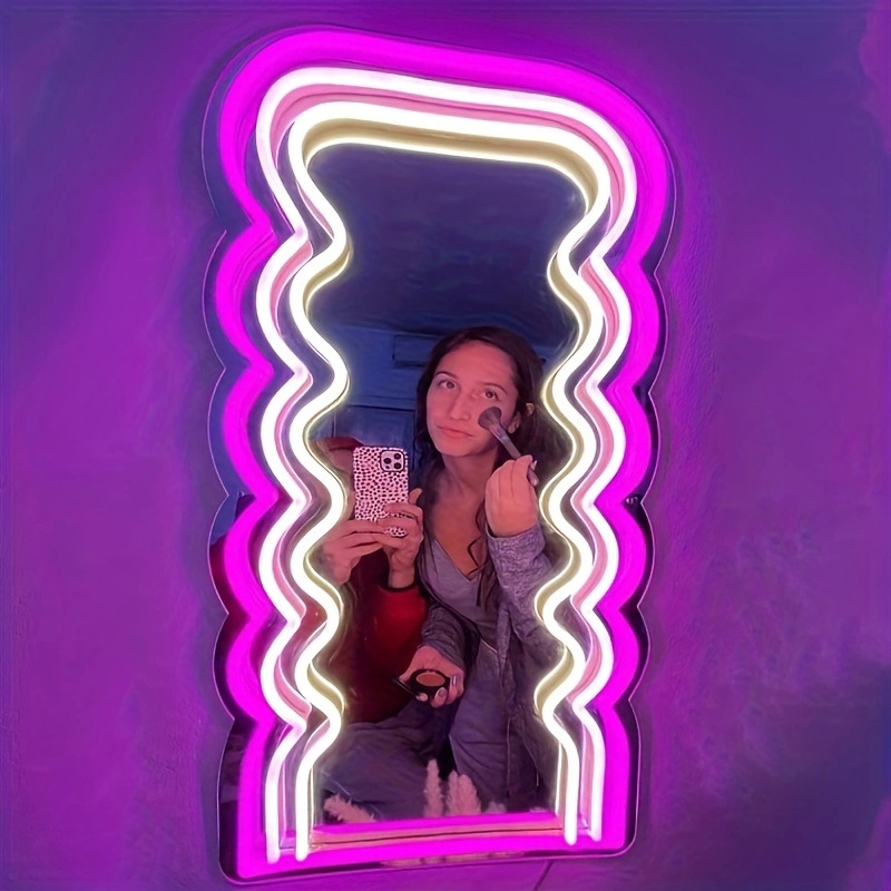 Creative Led Wave Mirror Light Logo, Neon Interior Decoration With Dimming Background, Lemon Yellow, Pink details Picture