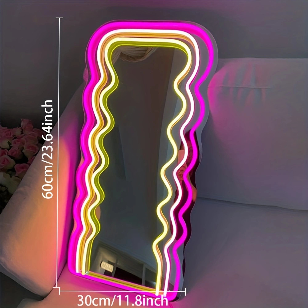 Creative Led Wave Mirror Light Logo, Neon Interior Decoration With Dimming Background, Lemon Yellow, Pink details Picture