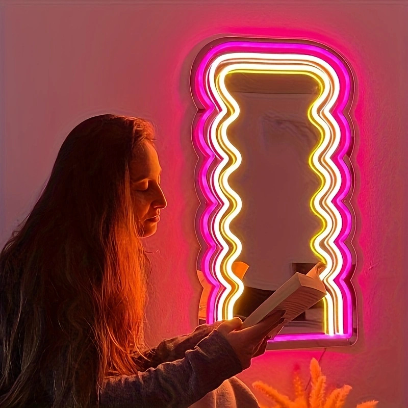Creative Led Wave Mirror Light Logo, Neon Interior Decoration With Dimming Background, Lemon Yellow, Pink full figure